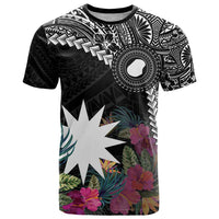 Black Nauru T Shirt Naoero Map With Polynesian Tropical Flowers LT14 Black - Polynesian Pride