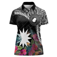 Black Nauru Women Polo Shirt Naoero Map With Polynesian Tropical Flowers