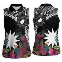 Black Nauru Women Sleeveless Polo Shirt Naoero Map With Polynesian Tropical Flowers LT14 - Polynesian Pride