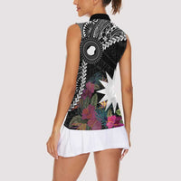 Black Nauru Women Sleeveless Polo Shirt Naoero Map With Polynesian Tropical Flowers LT14 - Polynesian Pride