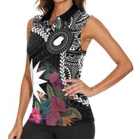 Black Nauru Women Sleeveless Polo Shirt Naoero Map With Polynesian Tropical Flowers LT14 - Polynesian Pride