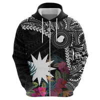 Black Nauru Zip Hoodie Naoero Map With Polynesian Tropical Flowers LT14 - Polynesian Pride