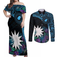 Blue Nauru Couples Matching Off Shoulder Maxi Dress and Long Sleeve Button Shirt Naoero Map With Polynesian Tropical Flowers LT14 Blue - Polynesian Pride