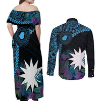 Blue Nauru Couples Matching Off Shoulder Maxi Dress and Long Sleeve Button Shirt Naoero Map With Polynesian Tropical Flowers LT14 - Polynesian Pride