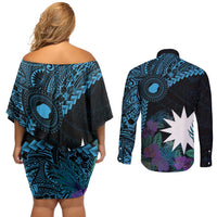 Blue Nauru Couples Matching Off Shoulder Short Dress and Long Sleeve Button Shirt Naoero Map With Polynesian Tropical Flowers LT14 - Polynesian Pride
