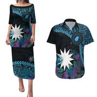 Blue Nauru Couples Matching Puletasi and Hawaiian Shirt Naoero Map With Polynesian Tropical Flowers LT14 Blue - Polynesian Pride