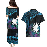 Blue Nauru Couples Matching Puletasi and Hawaiian Shirt Naoero Map With Polynesian Tropical Flowers LT14 - Polynesian Pride