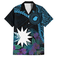 Blue Nauru Family Matching Off Shoulder Maxi Dress and Hawaiian Shirt Naoero Map With Polynesian Tropical Flowers LT14 Dad's Shirt - Short Sleeve Blue - Polynesian Pride