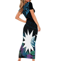 Blue Nauru Family Matching Short Sleeve Bodycon Dress and Hawaiian Shirt Naoero Map With Polynesian Tropical Flowers
