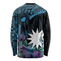Blue Nauru Long Sleeve Shirt Naoero Map With Polynesian Tropical Flowers LT14 - Polynesian Pride
