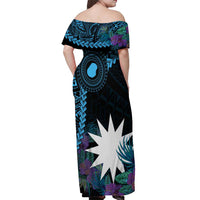Blue Nauru Off Shoulder Maxi Dress Naoero Map With Polynesian Tropical Flowers LT14 - Polynesian Pride