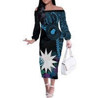 Blue Nauru Off The Shoulder Long Sleeve Dress Naoero Map With Polynesian Tropical Flowers LT14 Women Blue - Polynesian Pride