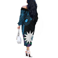 Blue Nauru Off The Shoulder Long Sleeve Dress Naoero Map With Polynesian Tropical Flowers LT14 - Polynesian Pride