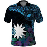Blue Nauru Polo Shirt Naoero Map With Polynesian Tropical Flowers LT14 Blue - Polynesian Pride