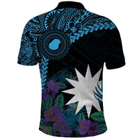 Blue Nauru Polo Shirt Naoero Map With Polynesian Tropical Flowers LT14 - Polynesian Pride