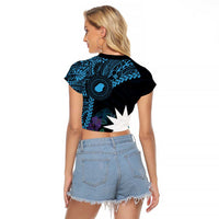 Blue Nauru Raglan Cropped T Shirt Naoero Map With Polynesian Tropical Flowers LT14 - Polynesian Pride