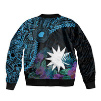 Blue Nauru Sleeve Zip Bomber Jacket Naoero Map With Polynesian Tropical Flowers LT14 - Polynesian Pride
