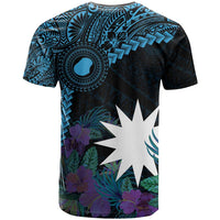 Blue Nauru T Shirt Naoero Map With Polynesian Tropical Flowers LT14 - Polynesian Pride