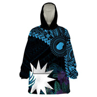 Blue Nauru Wearable Blanket Hoodie Naoero Map With Polynesian Tropical Flowers LT14 One Size Blue - Polynesian Pride