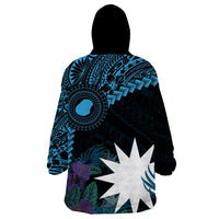 Blue Nauru Wearable Blanket Hoodie Naoero Map With Polynesian Tropical Flowers LT14 - Polynesian Pride