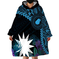 Blue Nauru Wearable Blanket Hoodie Naoero Map With Polynesian Tropical Flowers LT14 - Polynesian Pride