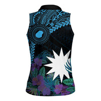 Blue Nauru Women Sleeveless Polo Shirt Naoero Map With Polynesian Tropical Flowers LT14 - Polynesian Pride