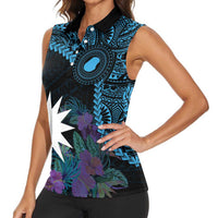 Blue Nauru Women Sleeveless Polo Shirt Naoero Map With Polynesian Tropical Flowers LT14 - Polynesian Pride