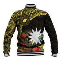 Gold Nauru Baseball Jacket Naoero Map With Polynesian Tropical Flowers