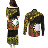 Gold Nauru Couples Matching Puletasi and Long Sleeve Button Shirt Naoero Map With Polynesian Tropical Flowers