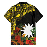 Gold Nauru Family Matching Off Shoulder Short Dress and Hawaiian Shirt Naoero Map With Polynesian Tropical Flowers