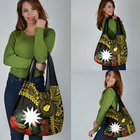 Gold Nauru Grocery Bag Naoero Map With Polynesian Tropical Flowers LT14 - Polynesian Pride