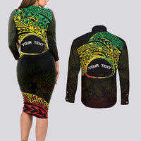Personalised Nukuoro Atoll Couples Matching Long Sleeve Bodycon Dress and Long Sleeve Button Shirt Polynesian Tattoo Curves Reggae Version