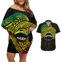 Personalised Nukuoro Atoll Couples Matching Off Shoulder Short Dress and Hawaiian Shirt Polynesian Tattoo Curves Reggae Version