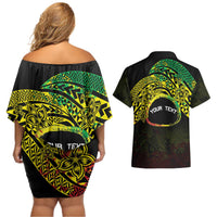 Personalised Nukuoro Atoll Couples Matching Off Shoulder Short Dress and Hawaiian Shirt Polynesian Tattoo Curves Reggae Version