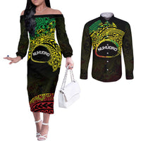 Personalised Nukuoro Atoll Couples Matching Off The Shoulder Long Sleeve Dress and Long Sleeve Button Shirt Polynesian Tattoo Curves Reggae Version