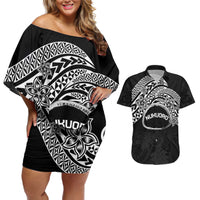 Personalised Pohnpei Nukuoro Micronesia Couples Matching Off Shoulder Short Dress and Hawaiian Shirt Polynesian Tattoo Curves Black Version LT14 Black - Polynesian Pride