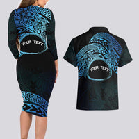 Personalised Pohnpei Nukuoro Micronesia Couples Matching Long Sleeve Bodycon Dress and Hawaiian Shirt Polynesian Tattoo Curves Blue Version