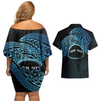 Personalised Pohnpei Nukuoro Micronesia Couples Matching Off Shoulder Short Dress and Hawaiian Shirt Polynesian Tattoo Curves Blue Version LT14 - Polynesian Pride
