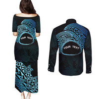 Personalised Pohnpei Nukuoro Micronesia Couples Matching Puletasi and Long Sleeve Button Shirt Polynesian Tattoo Curves Blue Version