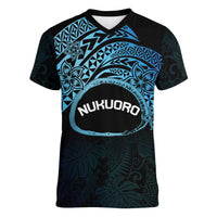 Personalised Pohnpei Nukuoro Micronesia Women V-Neck T-Shirt Polynesian Tattoo Curves Blue Version
