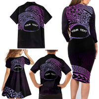 Personalised Pohnpei Nukuoro Micronesia Family Matching Long Sleeve Bodycon Dress and Hawaiian Shirt Polynesian Tattoo Curves Purple Version