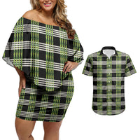 Aloha Hawaii Pakalana Pikake Lei Couples Matching Off Shoulder Short Dress and Hawaiian Shirt Palaka Inspired Hawaiian-plaid Black