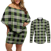 Aloha Hawaii Pakalana Pikake Lei Couples Matching Off Shoulder Short Dress and Long Sleeve Button Shirt Palaka Inspired Hawaiian-plaid Black