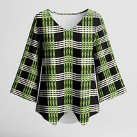 Aloha Hawaii Pakalana Pikake Lei Kimono Sleeve Blouse Palaka Inspired Hawaiian-plaid Black