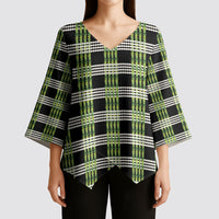 Aloha Hawaii Pakalana Pikake Lei Kimono Sleeve Blouse Palaka Inspired Hawaiian-plaid Black