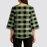 Aloha Hawaii Pakalana Pikake Lei Kimono Sleeve Blouse Palaka Inspired Hawaiian-plaid Black