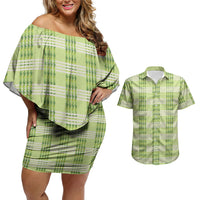 Aloha Hawaii Pakalana Pikake Lei Couples Matching Off Shoulder Short Dress and Hawaiian Shirt Palaka Inspired Hawaiian-plaid Pastel Green