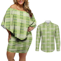 Aloha Hawaii Pakalana Pikake Lei Couples Matching Off Shoulder Short Dress and Long Sleeve Button Shirt Palaka Inspired Hawaiian-plaid Pastel Green