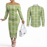 Aloha Hawaii Pakalana Pikake Lei Couples Matching Off The Shoulder Long Sleeve Dress and Long Sleeve Button Shirt Palaka Inspired Hawaiian-plaid Pastel Green