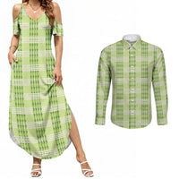 Aloha Hawaii Pakalana Pikake Lei Couples Matching Summer Maxi Dress and Long Sleeve Button Shirt Palaka Inspired Hawaiian-plaid Pastel Green